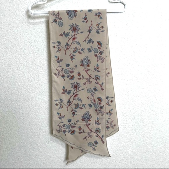 Floral Silk Blend Ivory Blue Pink Floral Print Accent Scarf Hair Tie - Picture 9 of 10
